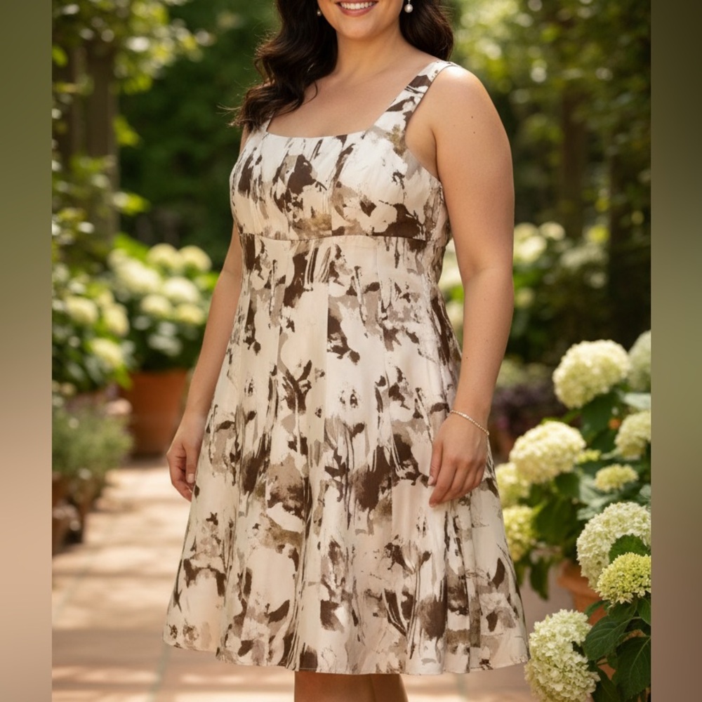 R & M Richards Cream and Brown Watercolor Midi Dress